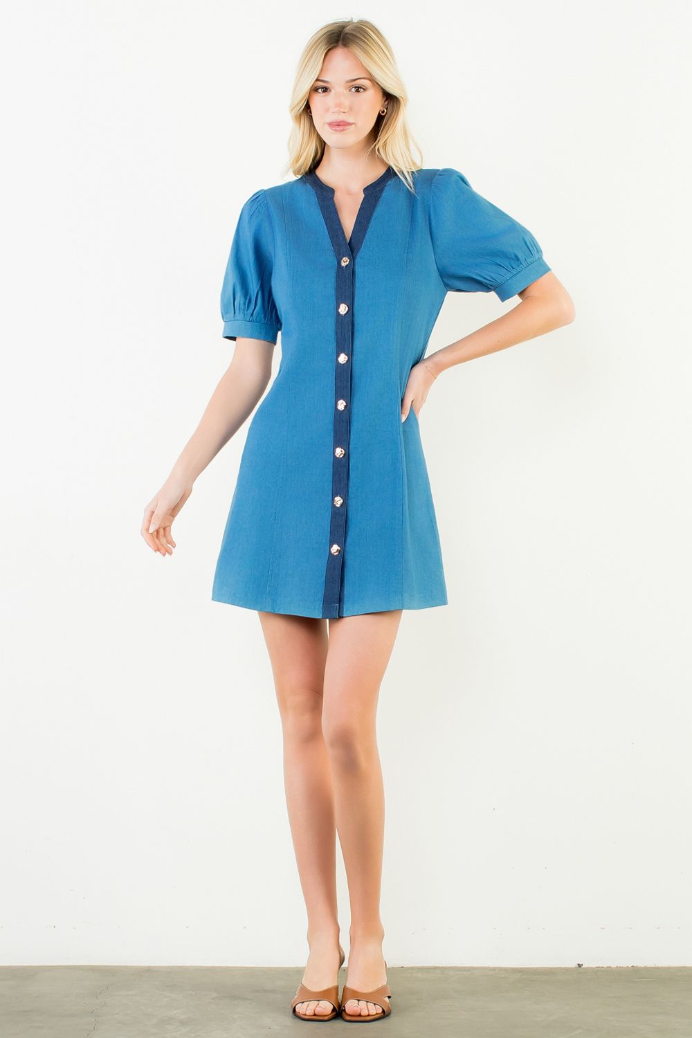 thml denim dress Lena Denim Front Stripe Mini Dress THML